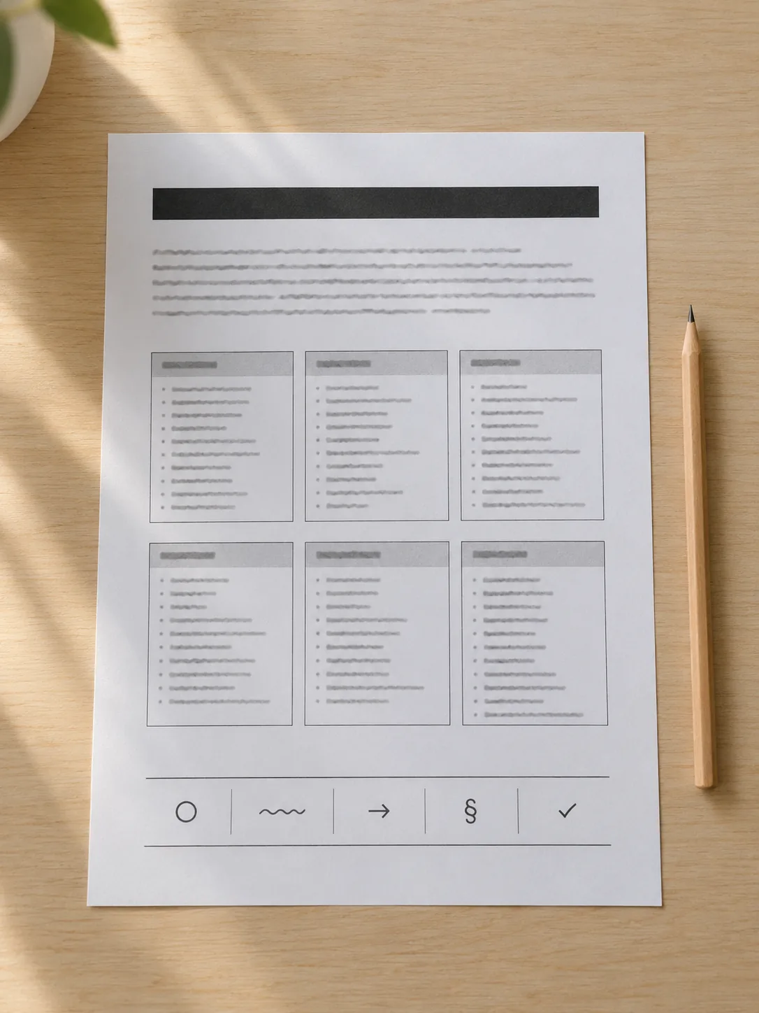 Folha A4 impressa em preto e branco com seis caixas de listas de palavras em texto ilegível e, embaixo, uma faixa com cinco marcas simples (círculo, sublinhado ondulado, seta, sinal de parágrafo e um visto), ao lado de um lápis. Imagem ilustrativa