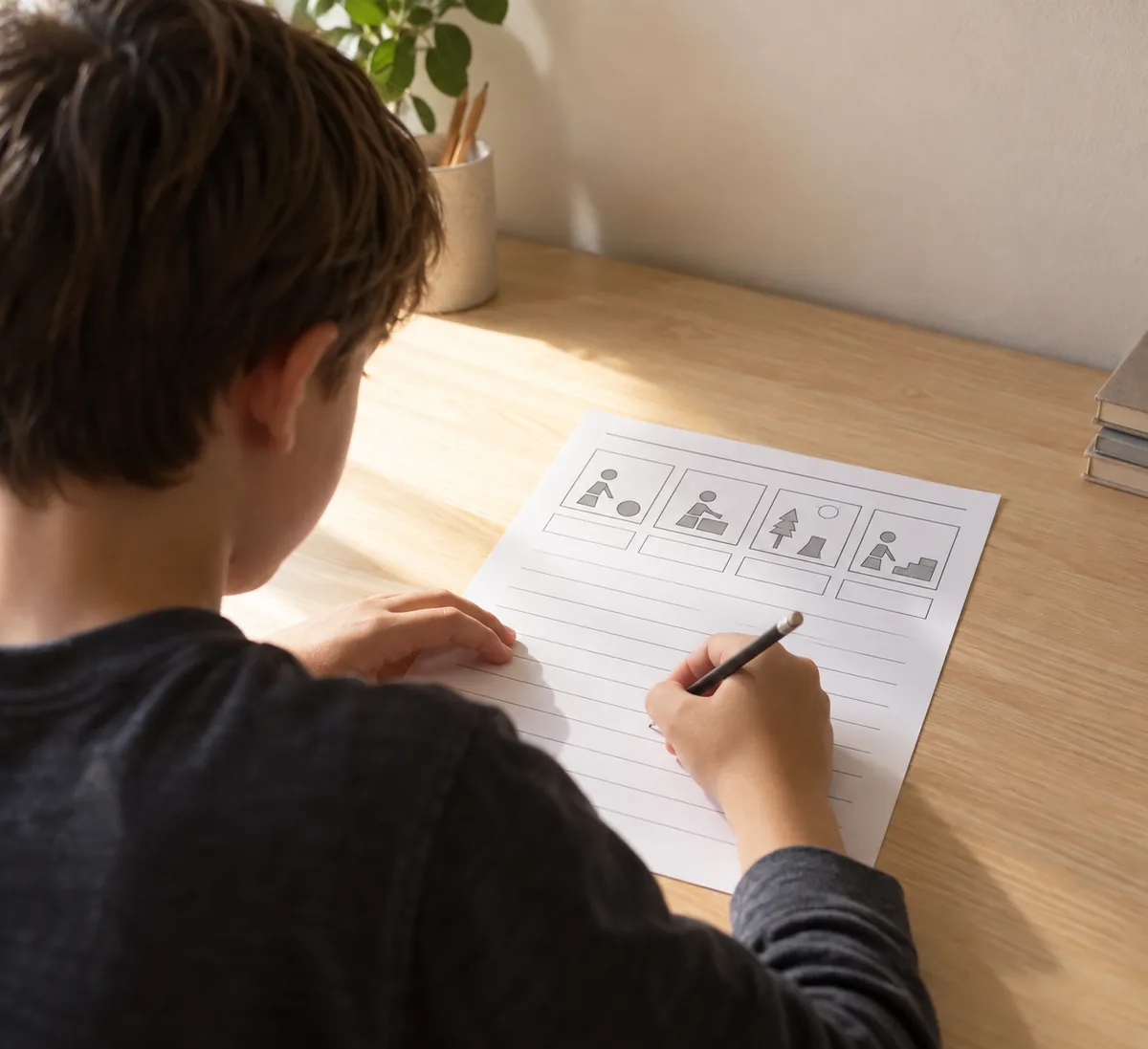 Criança de 4º ou 5º ano sentada à mesa, vista de costas e de lado, escrevendo a lápis numa folha A4 impressa em preto e branco, com quatro quadros de desenhos simples em cima das linhas. Imagem ilustrativa