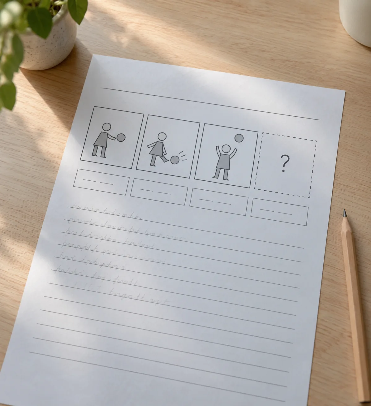 Folha A4 impressa em preto e branco com uma fileira de quatro quadros: os três primeiros com desenhos geométricos simples e o quarto vazio, com borda tracejada e um ponto de interrogação, e algumas linhas já escritas a lápis. Imagem ilustrativa