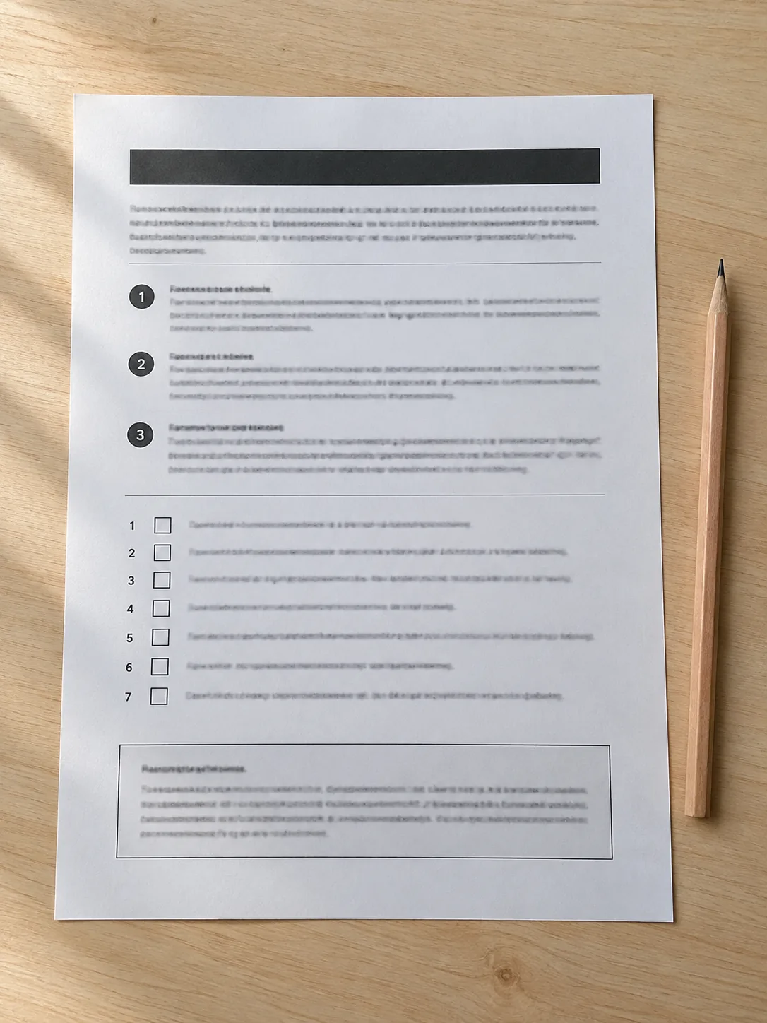 Folha A4 impressa em preto e branco sobre a mesa de madeira clara, só com texto ilegível: uma faixa de título, três passos numerados, uma lista de sete itens com caixinhas vazias e uma caixa de aviso embaixo, e um lápis ao lado. Imagem ilustrativa