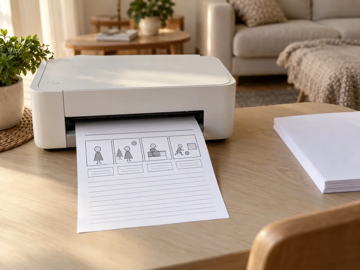 Impressora doméstica simples, sem marca visível, sobre uma mesa de madeira clara, imprimindo uma folha A4 em preto e branco com quatro quadros de desenhos simples e linhas pra escrever. Imagem ilustrativa