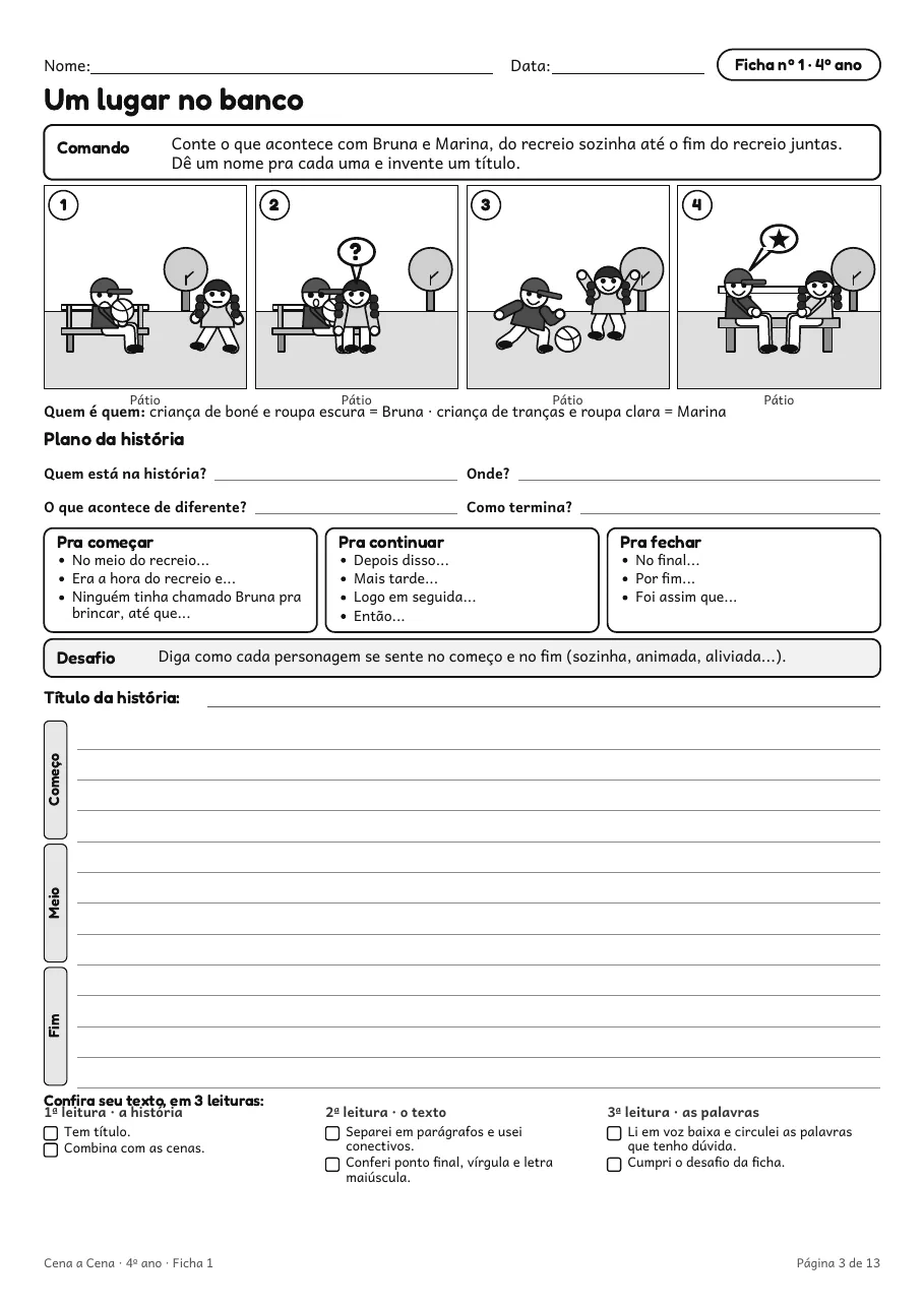 Página real do PDF Cena a Cena: ficha 1 com 4 cenas, plano da história, conectivos e linhas