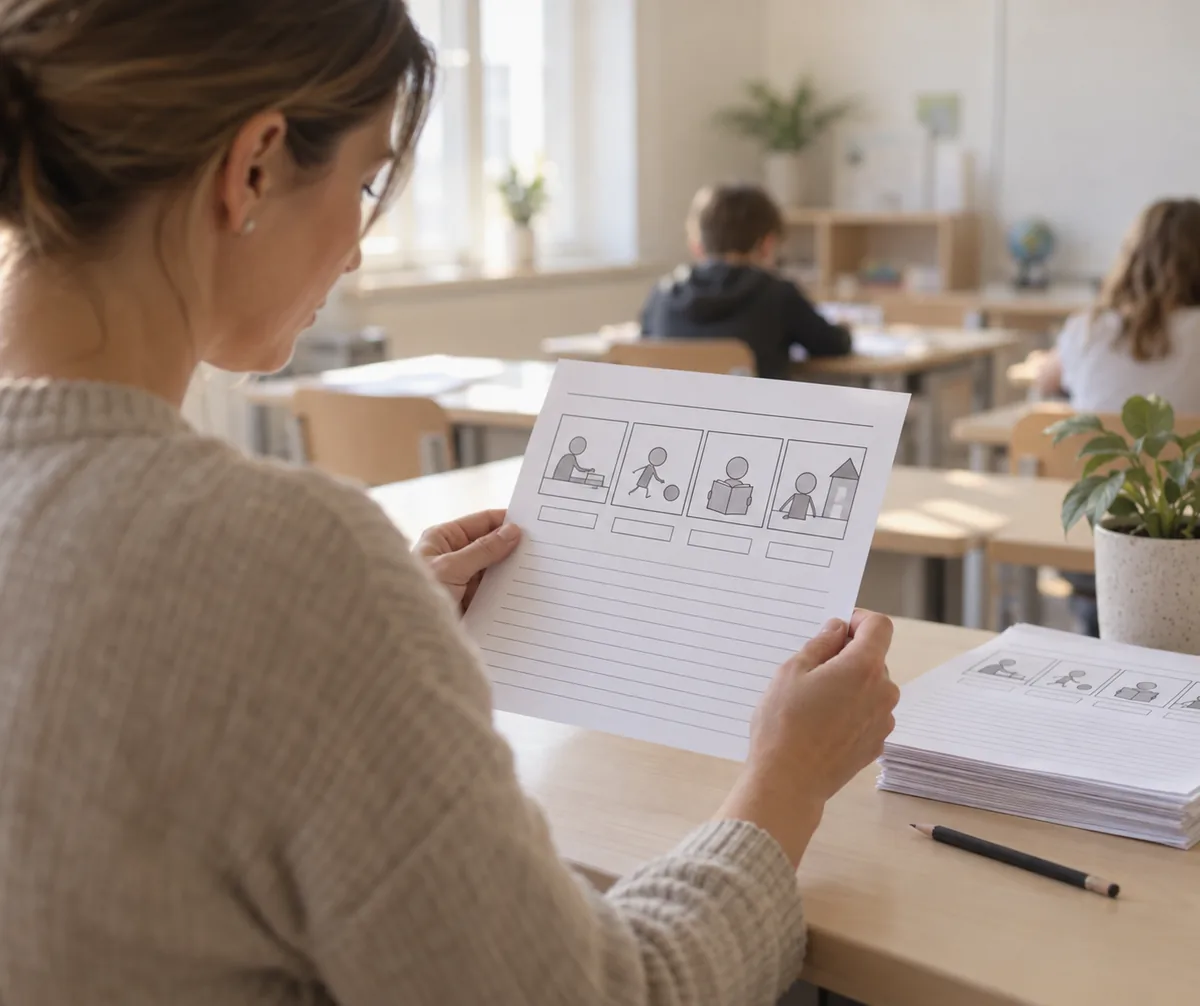 Professora vista de lado, com o rosto desfocado, lendo uma folha A4 impressa em preto e branco com quatro quadros de desenhos simples, ao lado de uma pilha de folhas iguais numa mesa de sala de aula, com carteiras desfocadas ao fundo. Imagem ilustrativa